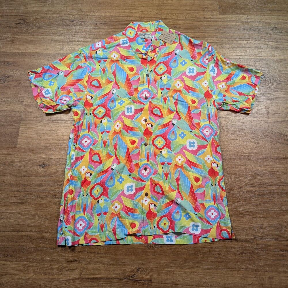 NWT Kenny Flowers Button Up Hawaiian Shirt Men’s XL Floral Parrots Tropical